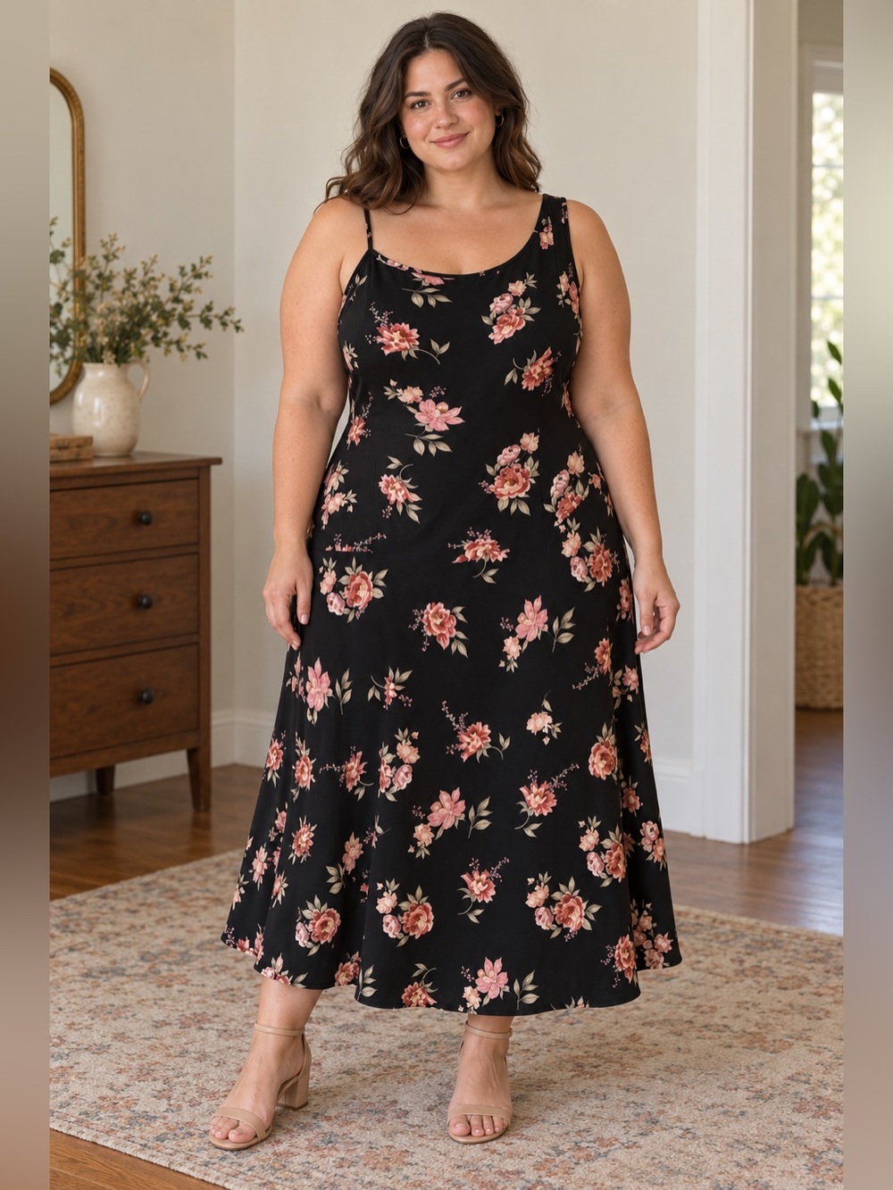 Unique Vintage Women's Black Floral Asymmetrical Shoulder Dress EUC 3X #2143